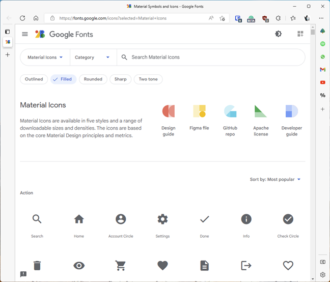 The icons page from the Google Material Design website