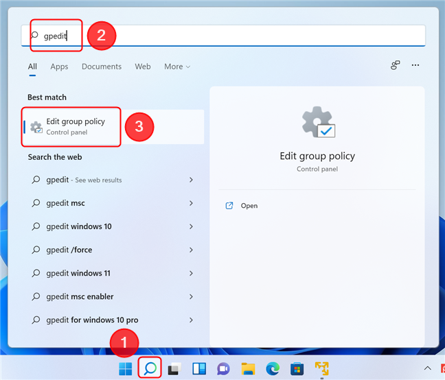 Open the Local Group Policy Editor using Search in Windows 11
