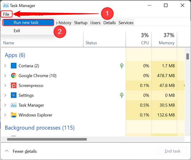 Run a new task in Task Manager