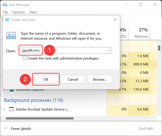 Opening the Local Group Policy Editor from the Task Manager