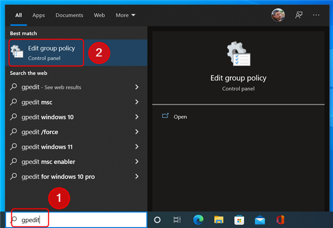 Open the Local Group Policy Editor using Search in Windows 10