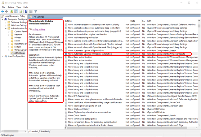 Selecting a policy in the main section displays a description of the setting