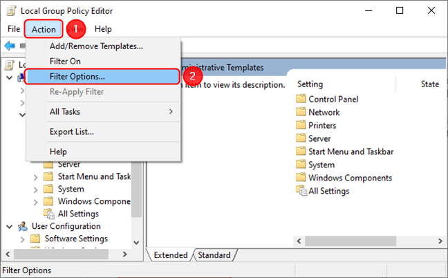 Accessing the filter settings for the Local Group Policy Editor