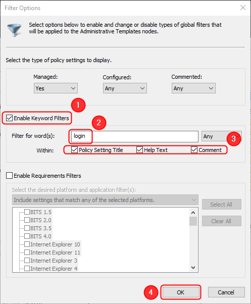 Filtering the settings list using keywords