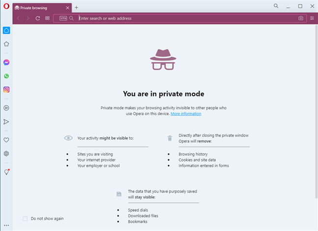 Opera's Private browsing window