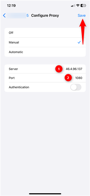 The Server and Port settings in iOS