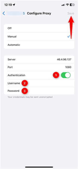 The Authentication settings for the iPhone proxy