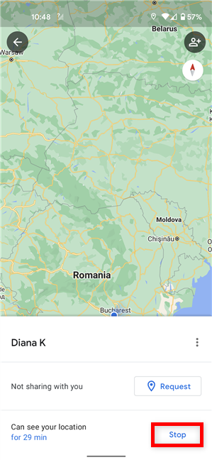 Tap Stop to prevent a contact from seeing your location