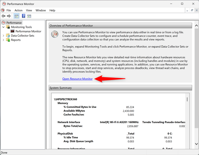 Open Resource Monitor from Performance Monitor