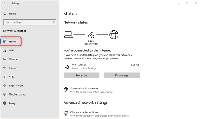 The Network status section in Windows 10 Settings
