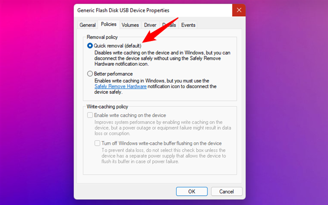 Quick removal is the default policy for USB drives