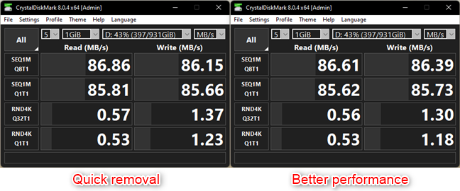 Benchmarking a USB HDD: Quick removal vs. Better performance