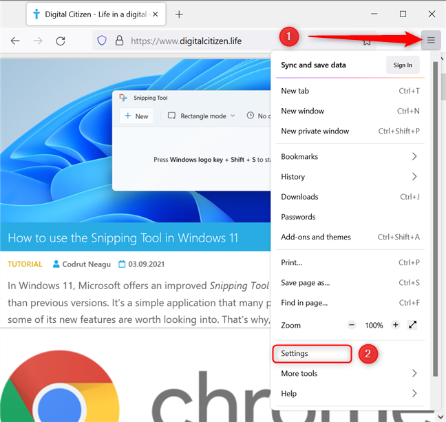 Locate and press the Open Application Menu button in Firefox