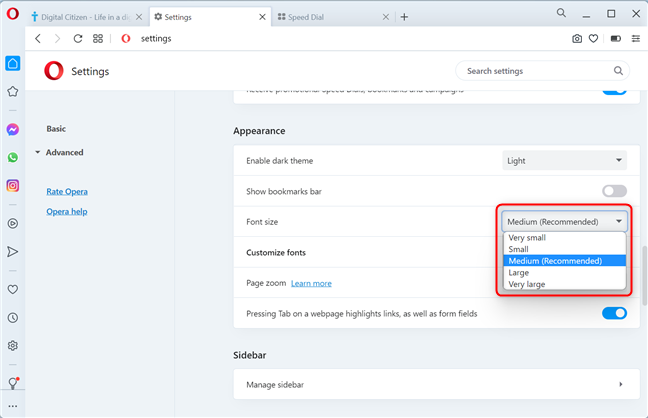 Change the font size in Opera
