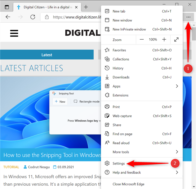 First, select Settings in the Microsoft Edge menu