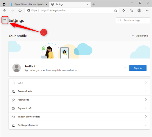 Click or tap the menu button in the Microsoft Edge Settings tab