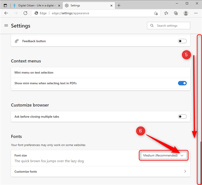 Modify the font size in Microsoft Edge