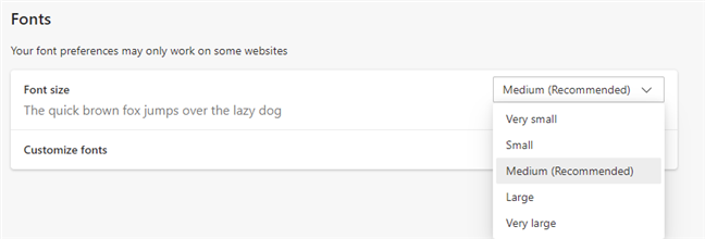 The options for modifying the font size in Edge