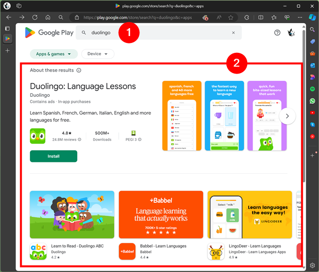 Search for an app or game on the Google Play website
