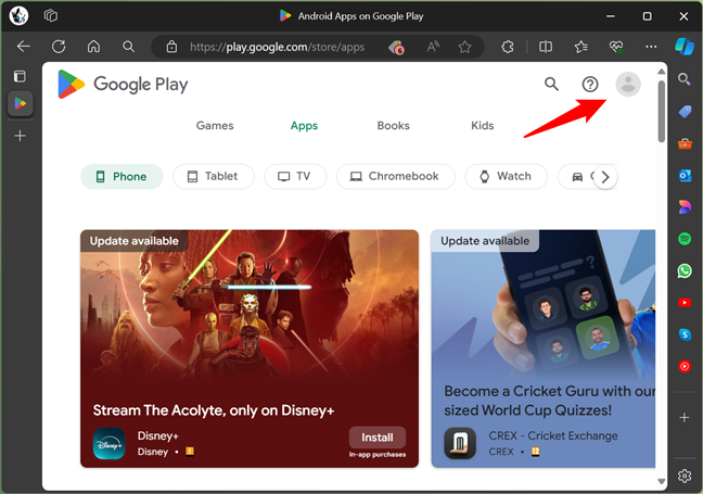 Go to Google Play in a browser and click the portrait icon