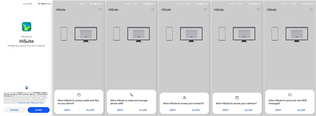 Permissions required by the HiSuite app on the smartphone