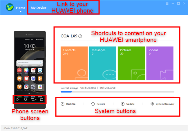 The user interface elements of HUAWEI HiSuite