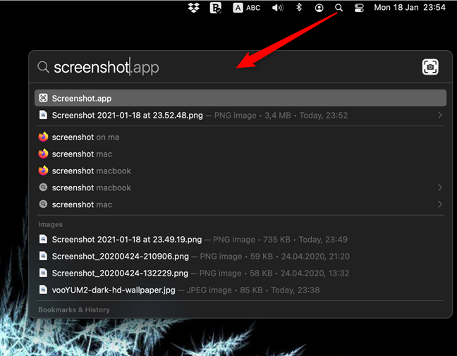 In the Spotlight Search, access the Screenshot app
