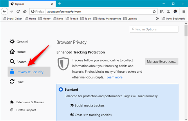 Open Privacy & Security settings in Mozilla Firefox