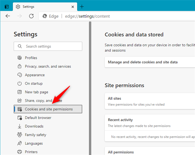 Open Cookies and site permissions settings in Microsoft Edge