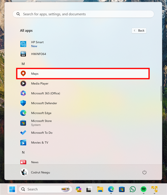 The Maps shortcut in the Start Menu