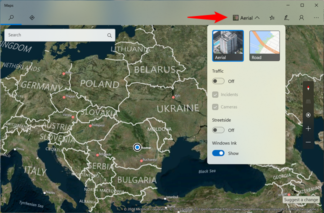 The Aerial view in Windows Maps
