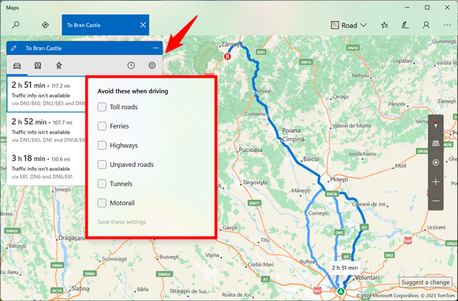 Options for the routes in Windows Maps