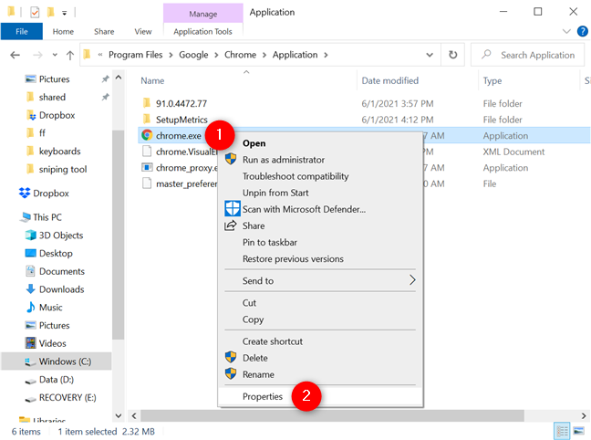 Open the Properties for chrome.exe in Windows 10