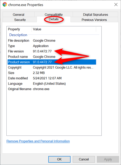 How to check the Chrome version in Windows 10 from the chrome.exe Properties