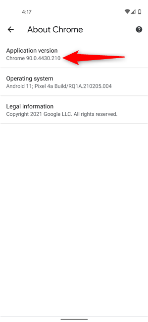 Check Chrome version on Android from the browser's settings