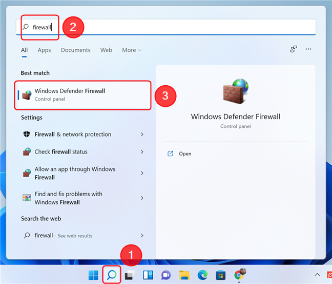 Use Search in Windows 11 to open Windows Defender Firewall