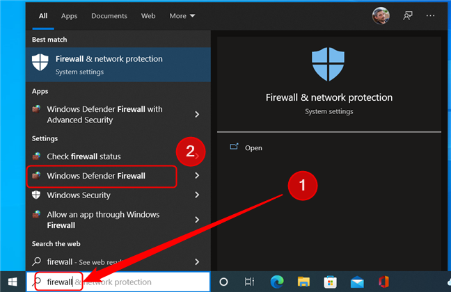 Open Windows Defender Firewall in Windows 10 by using the Search feature