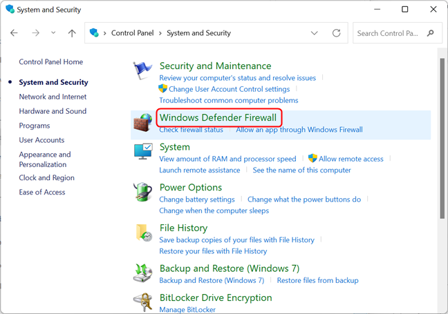Open Windows Defender Firewall from the Control Panel