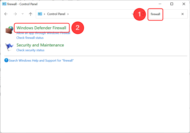 Use the search box in the Control Panel to locate the Windows Defender Firewall page