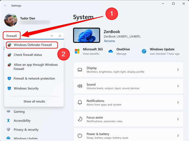 Search for Windows Defender Firewall in the Settings app in Windows 11