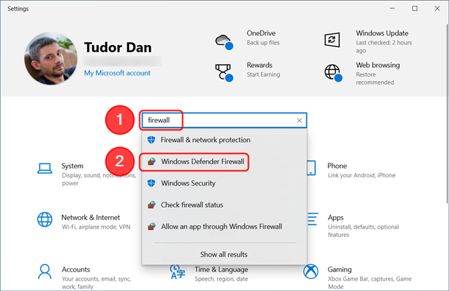 Locating the Windows Defender Firewall using the Settings app is similar in Windows 10 