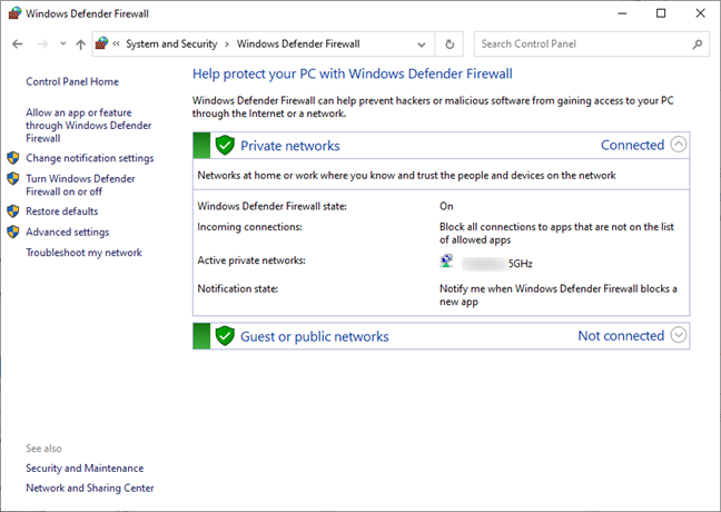 The Windows Defender Firewall page