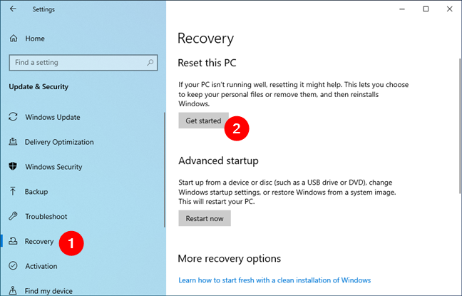 Get started with the reset process in Windows 10