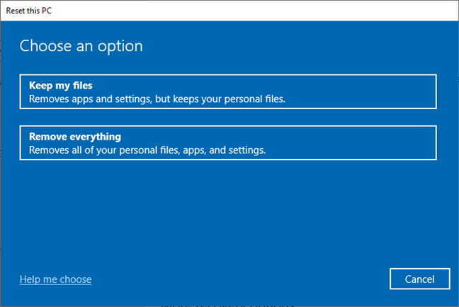 The options you have for resetting Windows 10