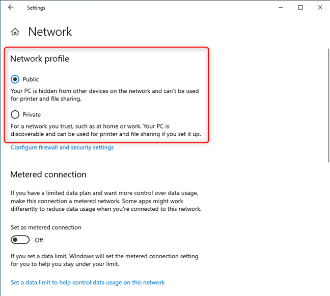 Set the network profile in Windows 10