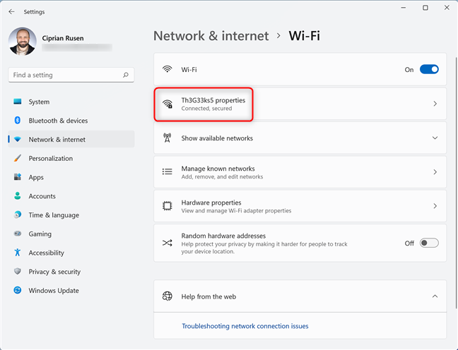 Access the properties of your Wi-Fi connection