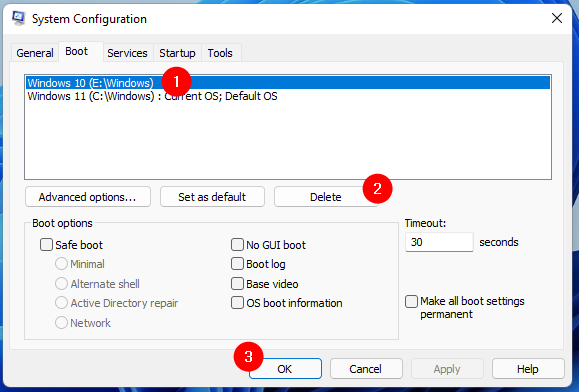 Deleting a Windows operating system from System Configuration