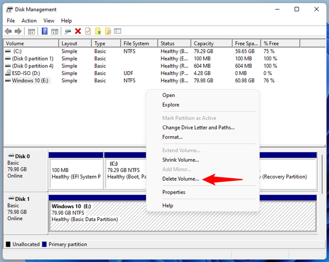Deleting a Windows partition in Disk Management