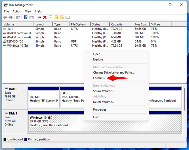 Formatting a Windows partition in Disk Management