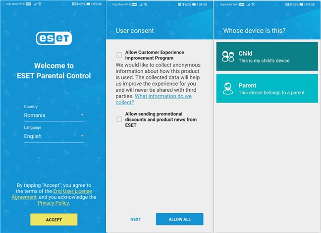 The first steps in configuring the ESET Parental Control app